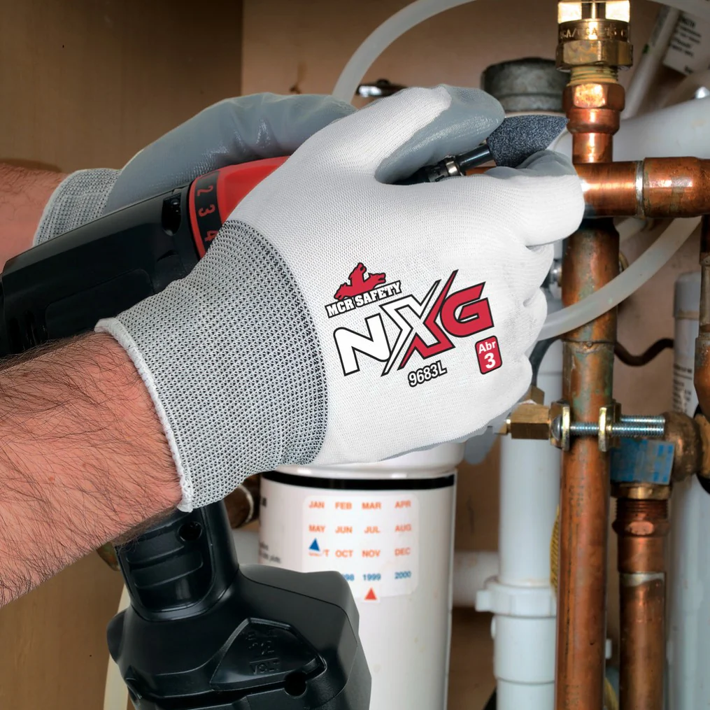 MCR Safety NXG UltraTech Nitrile Coated Palm String Knit Gloves - 15 Gauge Nylon Shell - White/Gray - 9683 - Image 4